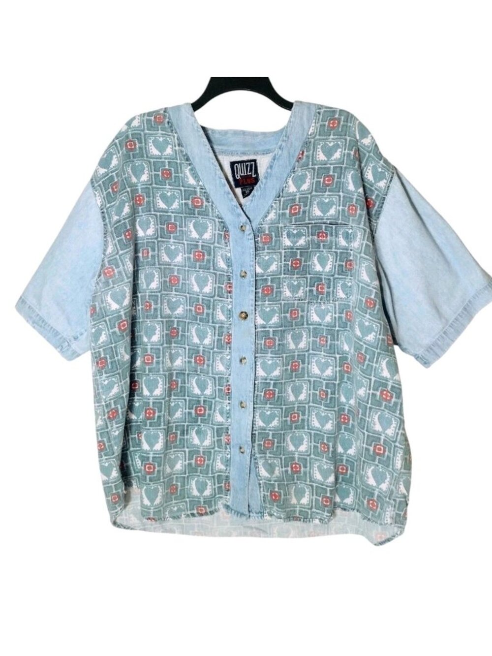 Vintage 90's Quizz Plus Denim Hearts Shirt 20 Cotton Cottagecore Country READ